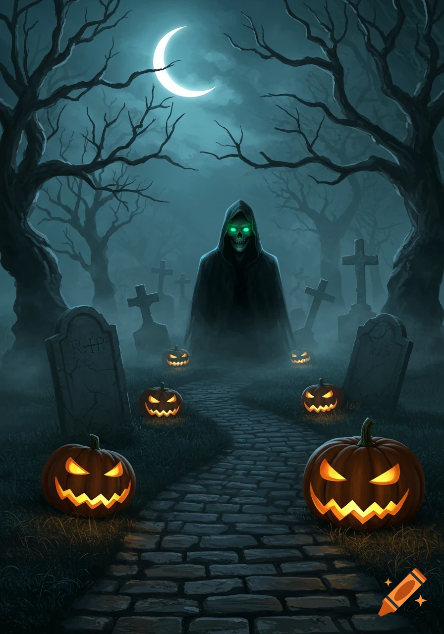A grim reaper in a foggy graveyard with glowing jack-o'-lanterns and tombstones under a crescent moon at night, digital painting.