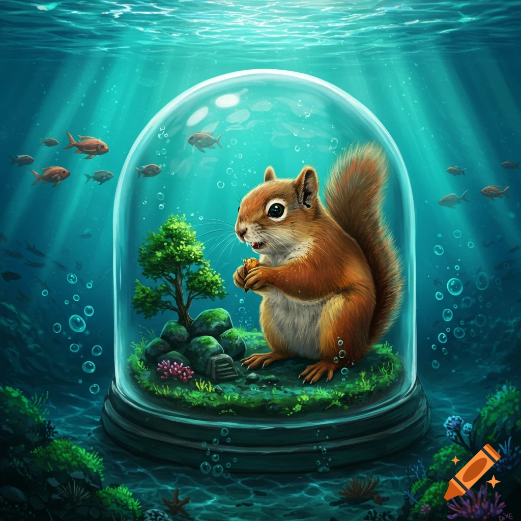 A whimsical illustration of a squirrel eating a nut inside a glass dome at the bottom of the ocean, surrounded by fish and coral.