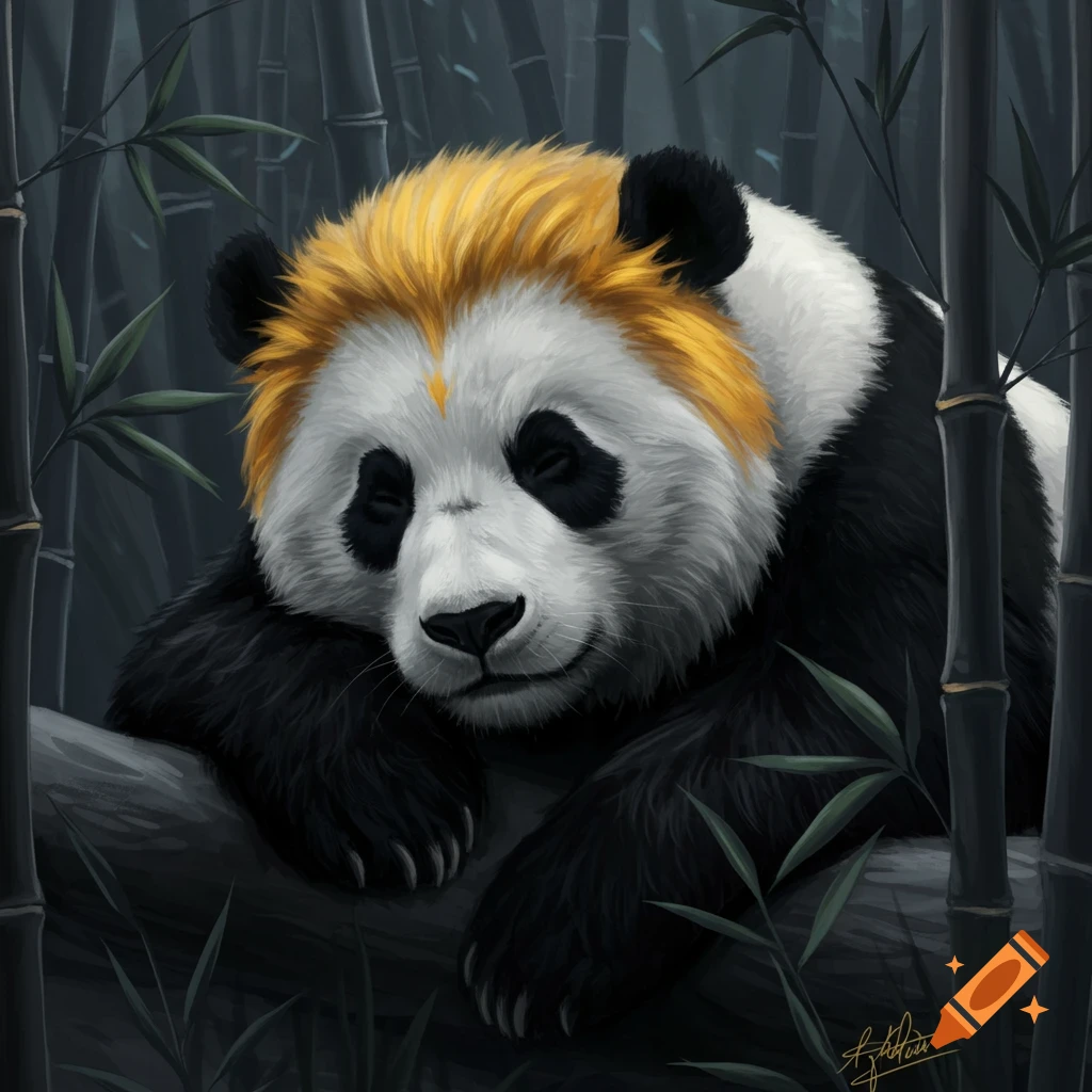 A sleeping panda with golden fur on its head rests on a branch surrounded by bamboo in a painterly style.