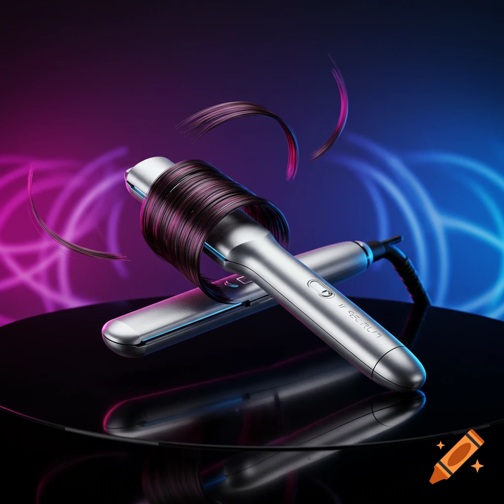 Sleek silver hair styling device with dark purple hair wrapped around it, set on a reflective surface with neon pink and blue background lighting.