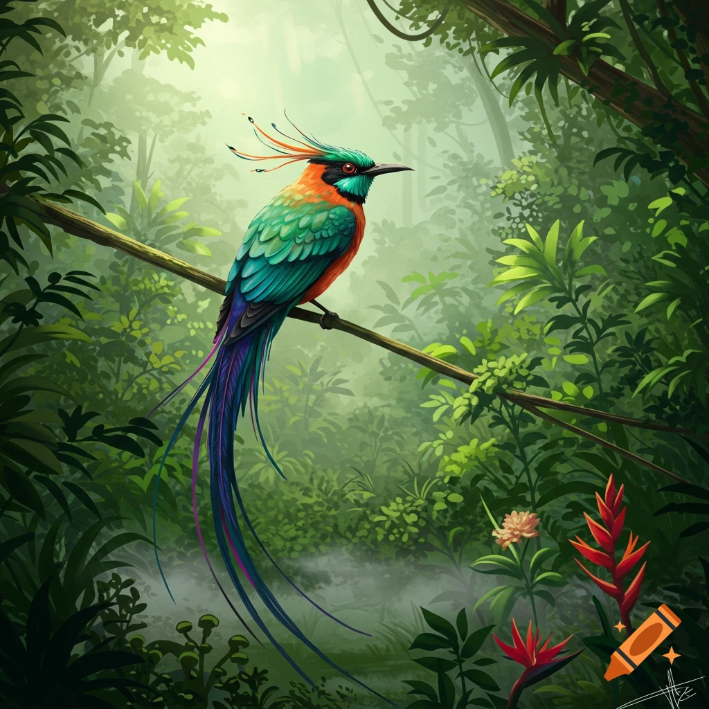 A colorful, exotic bird with long tail feathers perched on a branch in a lush, misty jungle, digital art.