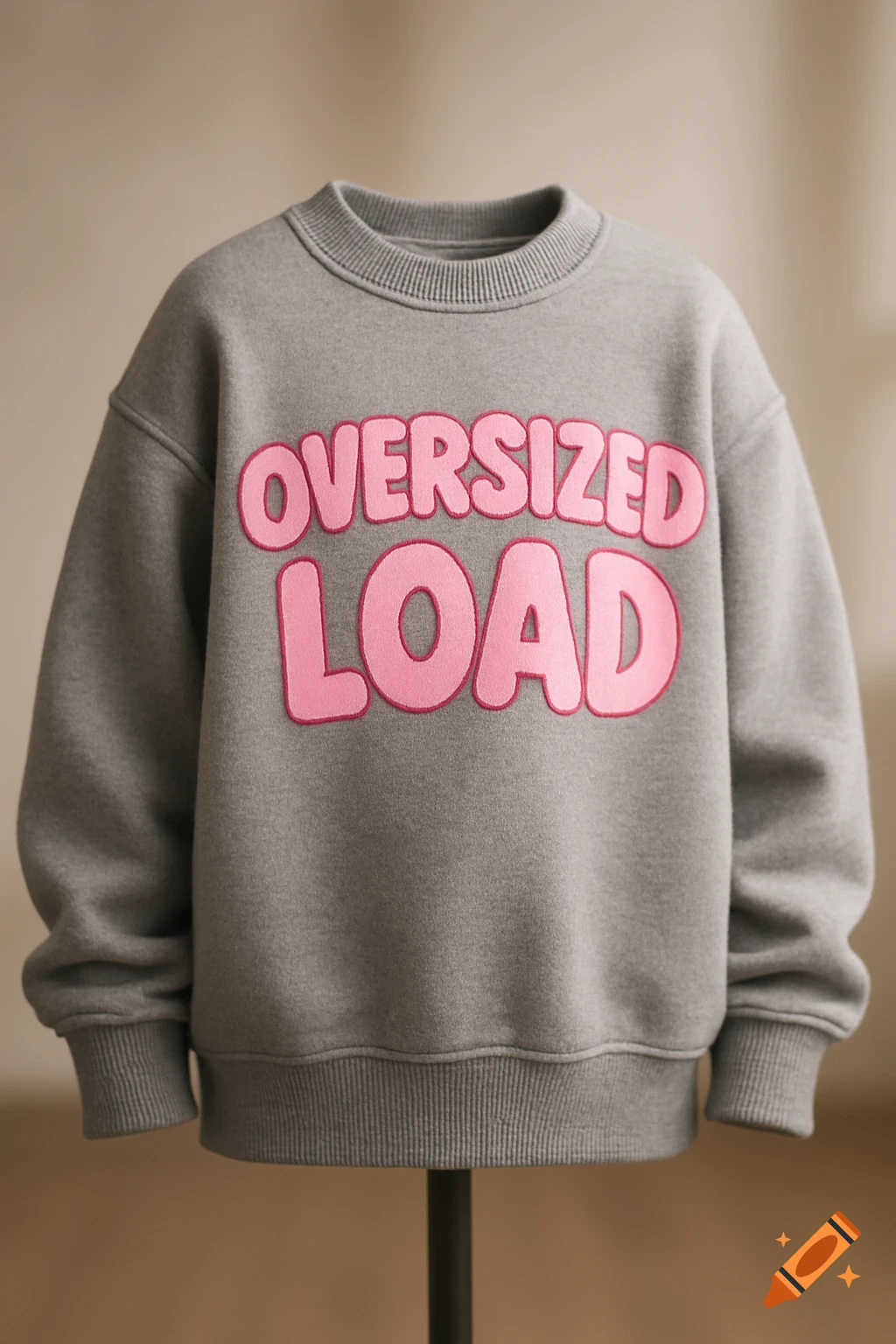 A grey sweatshirt with 'OVERSIZED LOAD' written in pink bubble letters on the front, displayed on a mannequin.