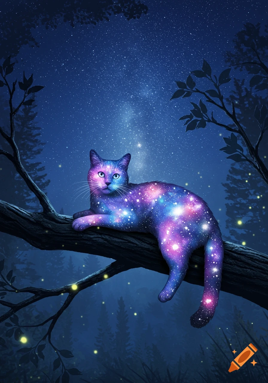 A cosmic cat with a glowing galaxy fur pattern lies on a dark tree branch at night under a starry sky in a forest.
