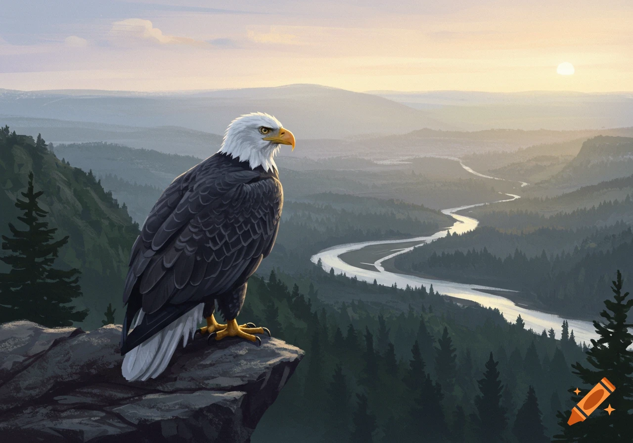 A majestic bald eagle stands on a rocky cliff, looking out over a vast, hazy mountain landscape with a winding river at sunrise.