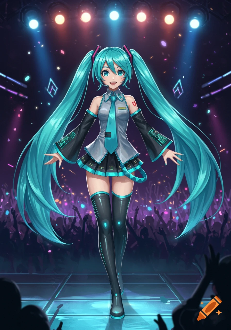 A full-body anime girl with long blue pigtails and a futuristic outfit stands on a stage with a cheering crowd and bright lights.