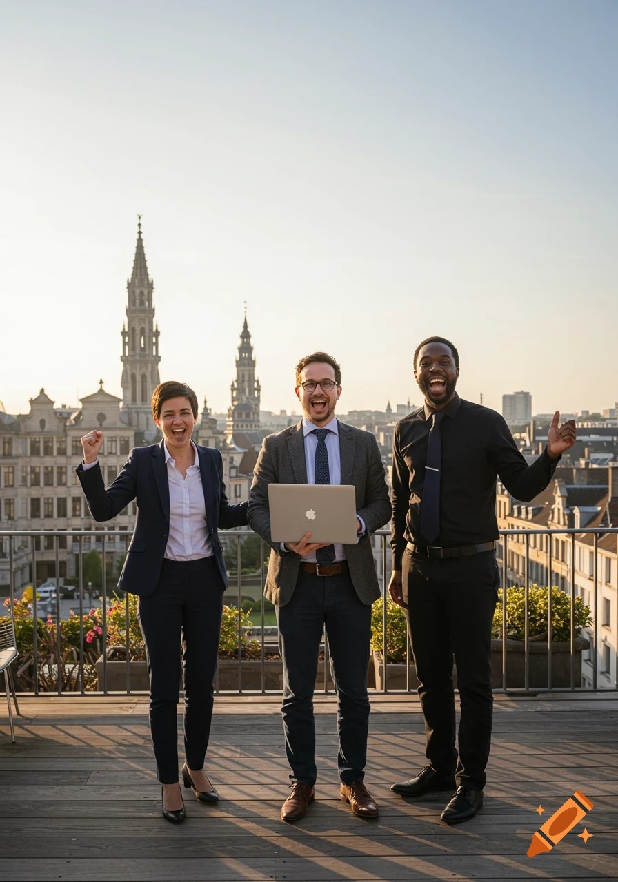 Three diverse business people celebrate on a Brussels rooftop, a man holding a laptop, against a city skyline at sunset.