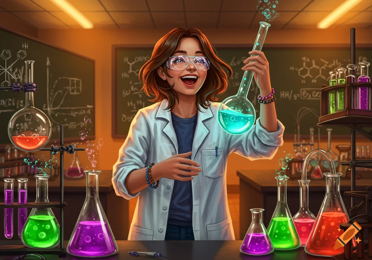 Smiling girl in a lab coat and safety goggles holds a glowing blue flask in a vibrant chemistry lab, surrounded by colorful beakers. Digital illustration.