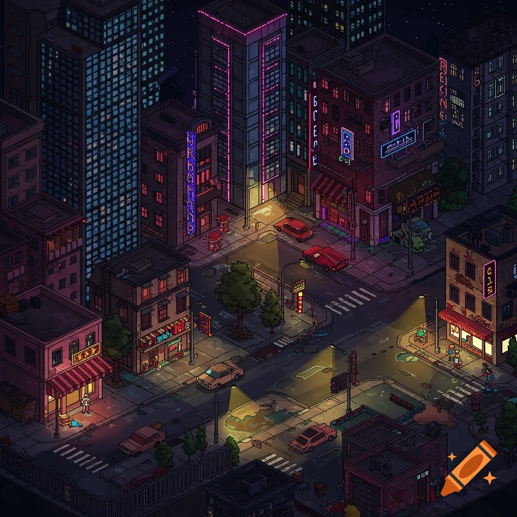Isometric pixel art of a vibrant city at night with neon signs, cars, and buildings, resembling an old arcade game.