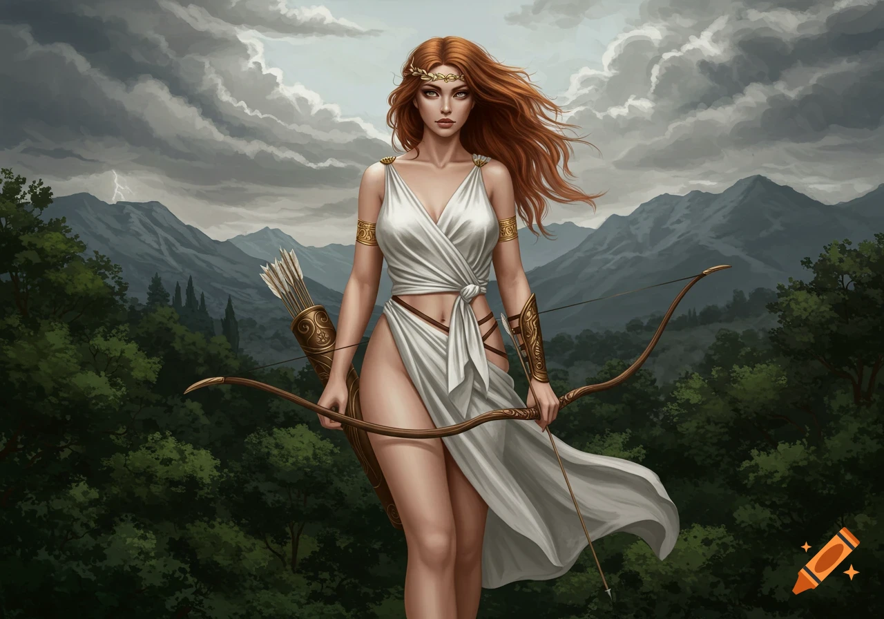A red-haired Greek goddess archer in a white tunic holds a bow and quiver, standing in a forest with stormy mountains.