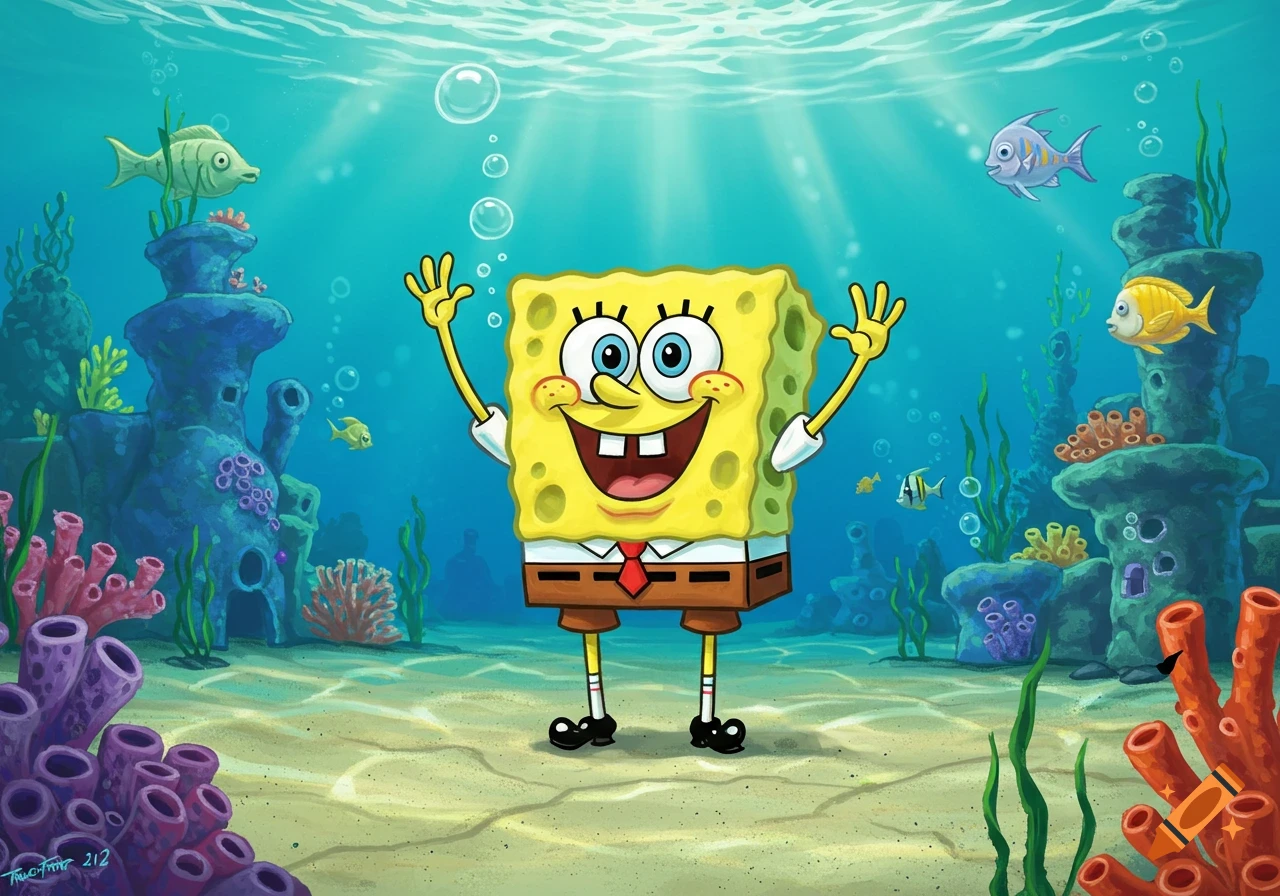 SpongeBob SquarePants happily stands underwater with fish and colorful coral around him, in a vibrant cartoon style.