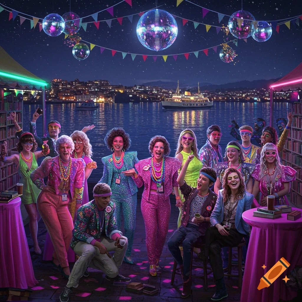 A diverse group of people in vibrant, sparkling 80s disco outfits party by a city waterfront at night under disco balls and colorful pennants.