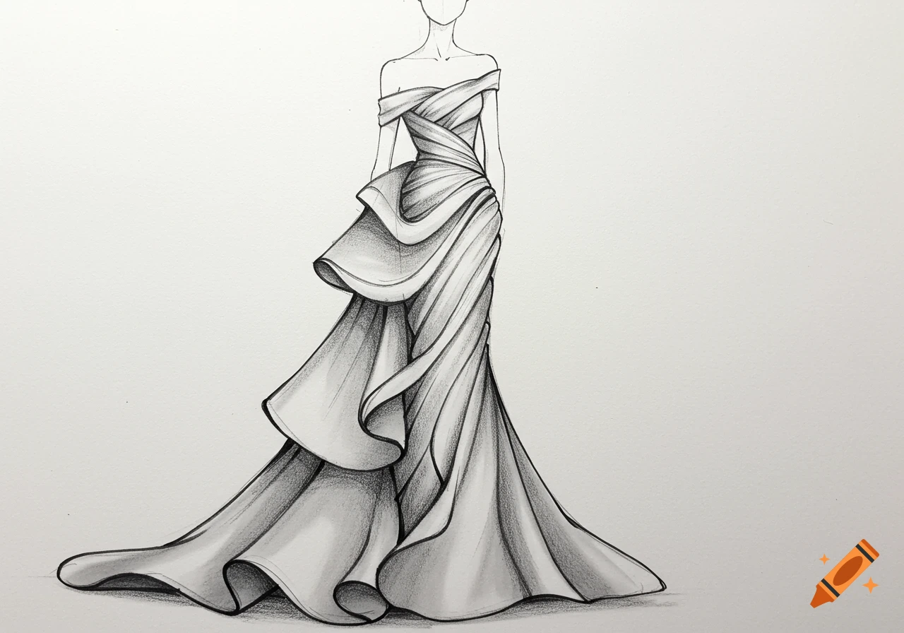 Pencil sketch of an elegant off-the-shoulder gown with intricate draped and ruffled fabric.