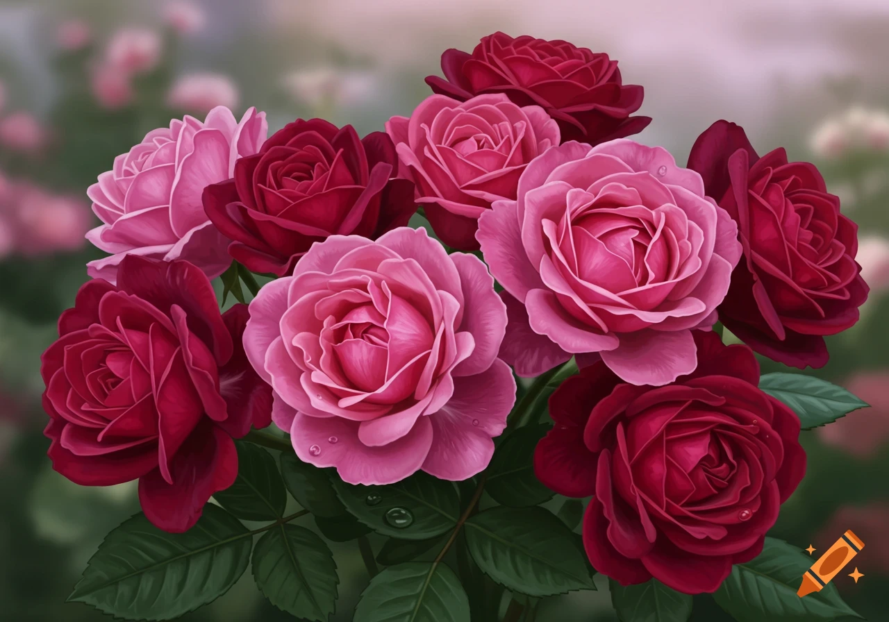 A vibrant bouquet of pink and deep red roses with green leaves and a blurred background, featuring small water droplets on the petals.