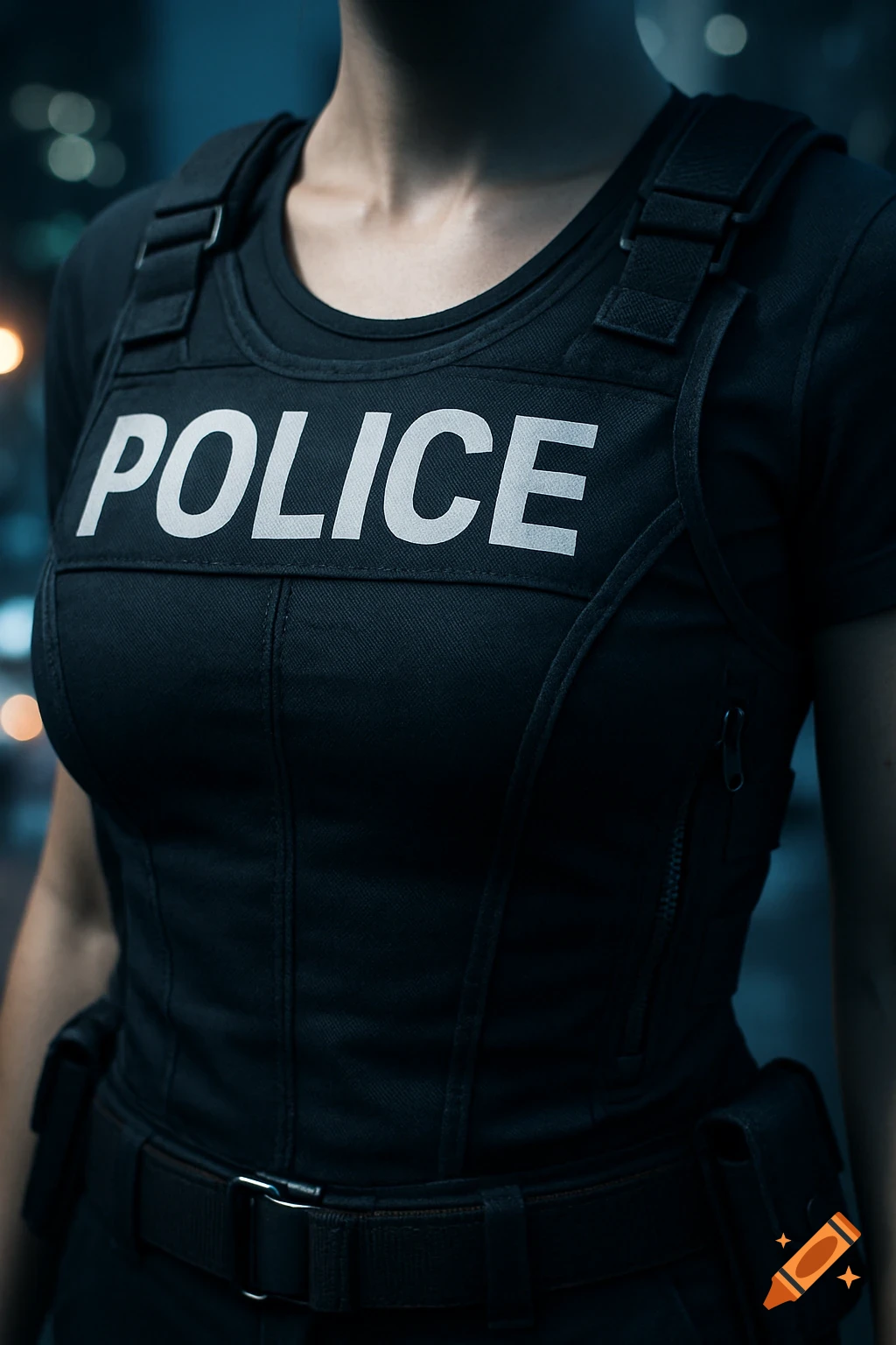 Female Police Vest created on Craiyon, image size:1024x1536