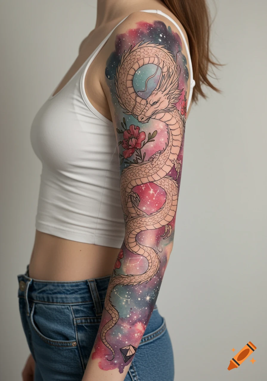 A woman's arm with a full sleeve tattoo featuring a white dragon, pink flowers, and a colorful galaxy with stars and constellations.