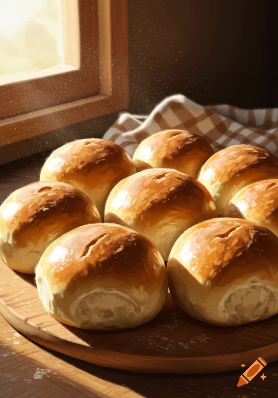 Freshly baked buns on a wooden board by a window, bathed in warm sunlight, digital painting style.