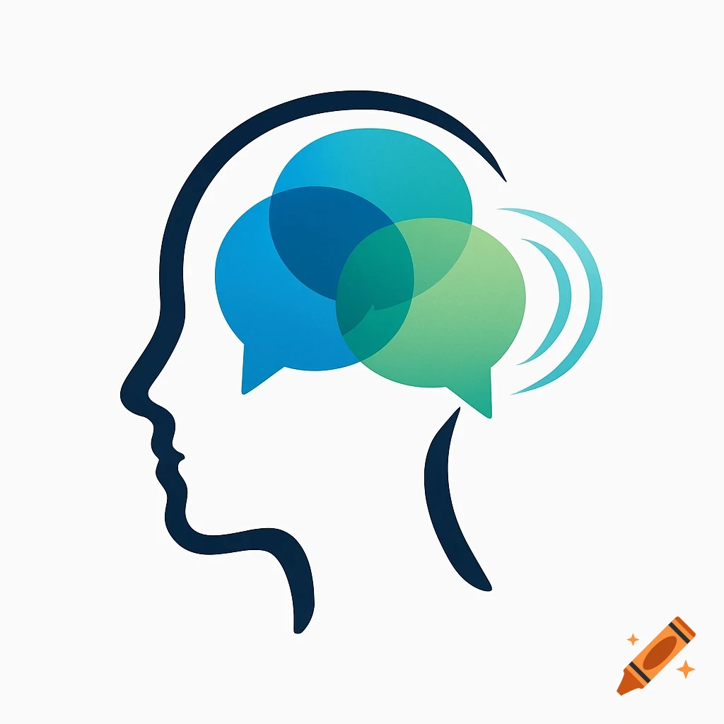 Stylized logo of a human head silhouette with blue and green overlapping speech bubbles inside, and sound waves.
