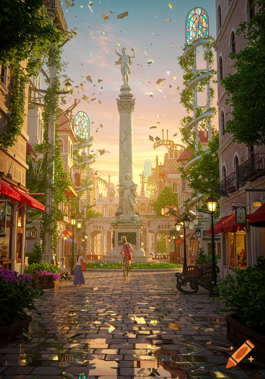 A fantastical city street at sunset, with ornate buildings, vines, stained glass, a tall statue, and falling confetti. A person bikes on cobblestones.