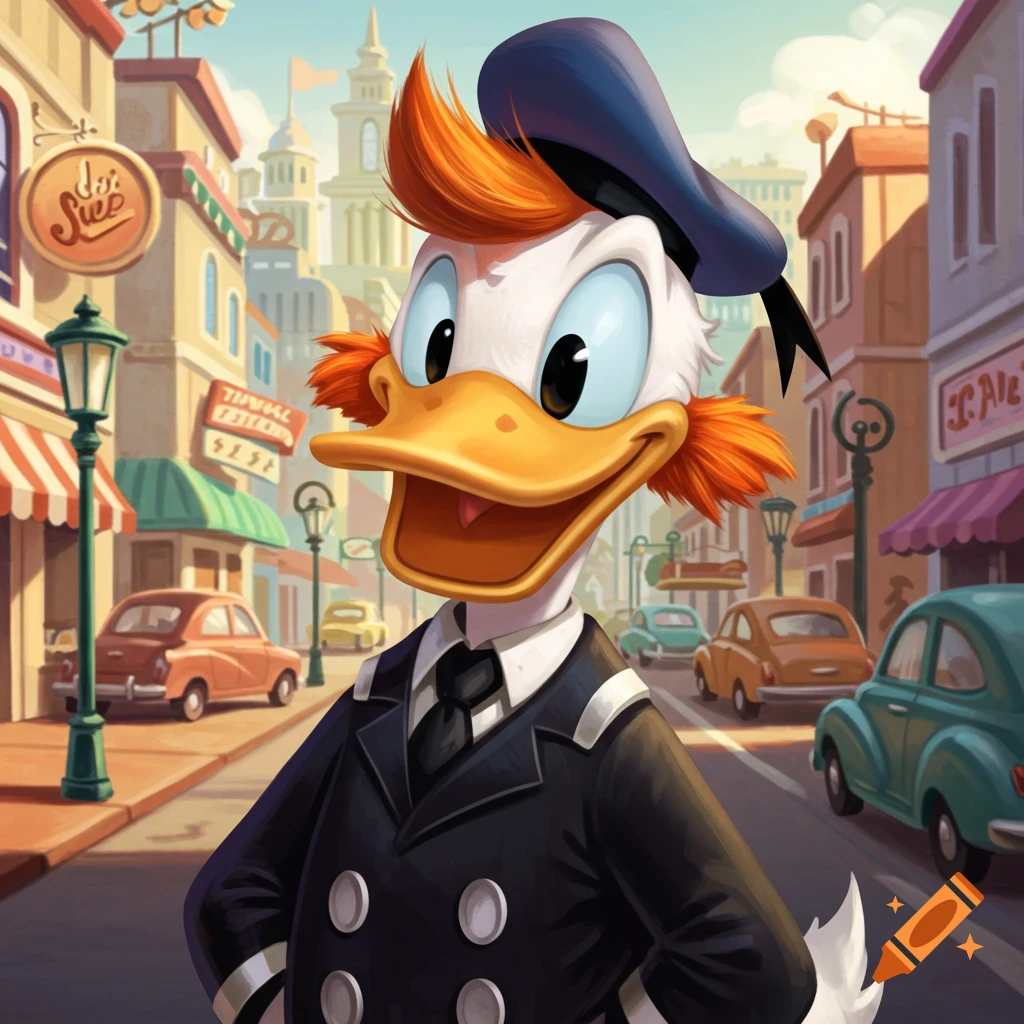 A cartoon Donald Duck with orange hair and a black suit stands smiling on a bustling city street.