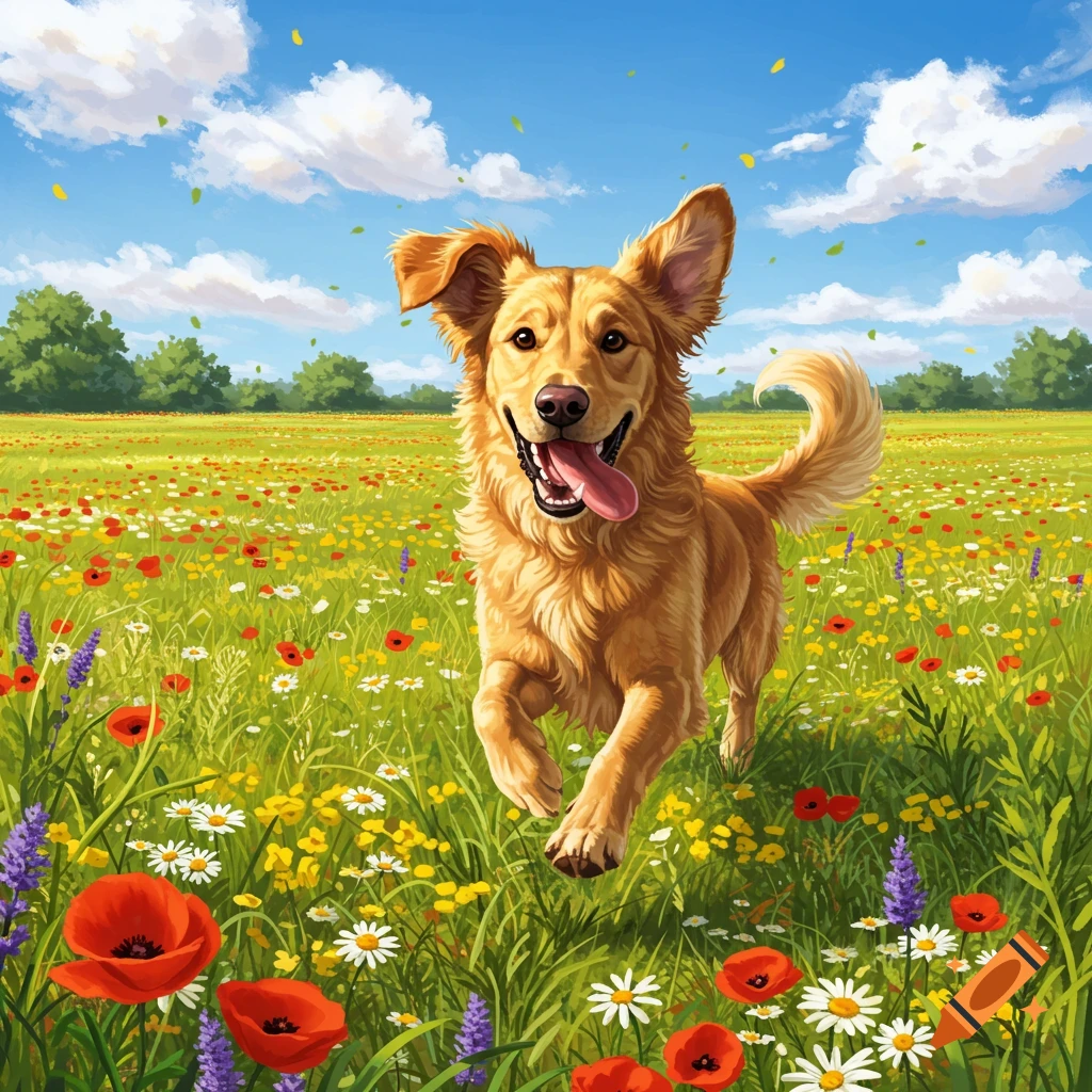 A happy golden-brown dog runs through a vibrant field of red, white, and purple wildflowers under a blue sky, illustrative style.