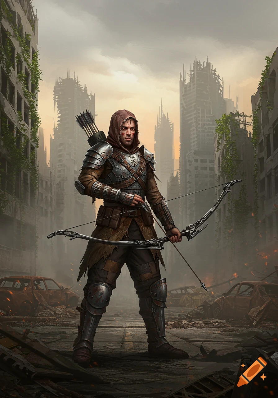 A male archer in armor stands holding a bow in a desolate, ruined post-apocalyptic city, detailed digital art.