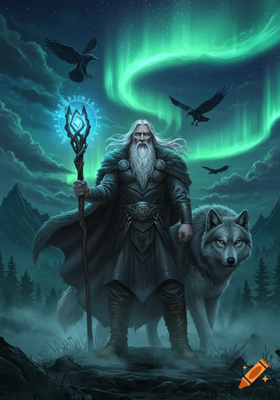 A stoic Wodan-like figure with a long white beard and fur-trimmed cloak holds a glowing runic staff, accompanied by a grey wolf and three ravens under a vibrant green aurora borealis sky in a fantastical, snow-dusted landscape.