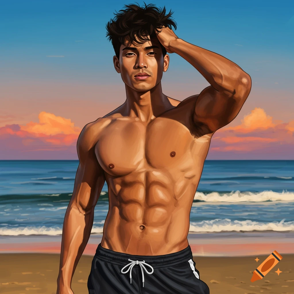 Illustrative image of a muscular man in swim shorts posing on a beach with the ocean and a colorful sunset sky.