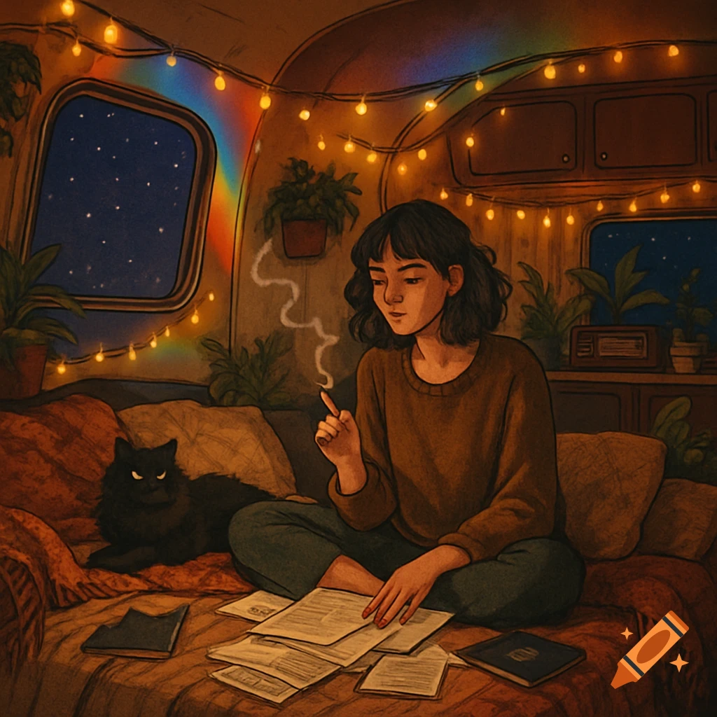 Lofi digital art of a woman in a cozy, fairy-lit trailer at night, smoking, with her black cat and papers.