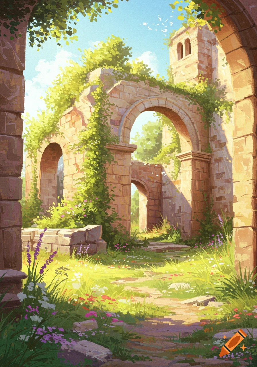 Sunlit digital painting of overgrown ancient stone ruins with arches and a  tower, a path winding through a grassy area with wildflowers. on Craiyon, image size:896x1280