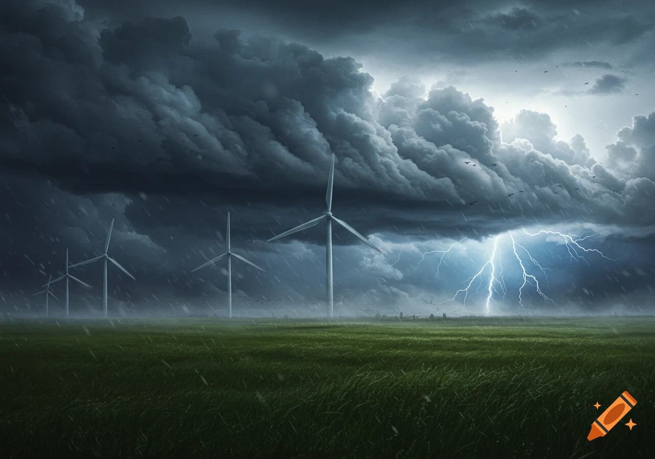 Photorealistic image of wind turbines in a green field under a dark, stormy sky with lightning and heavy rain.