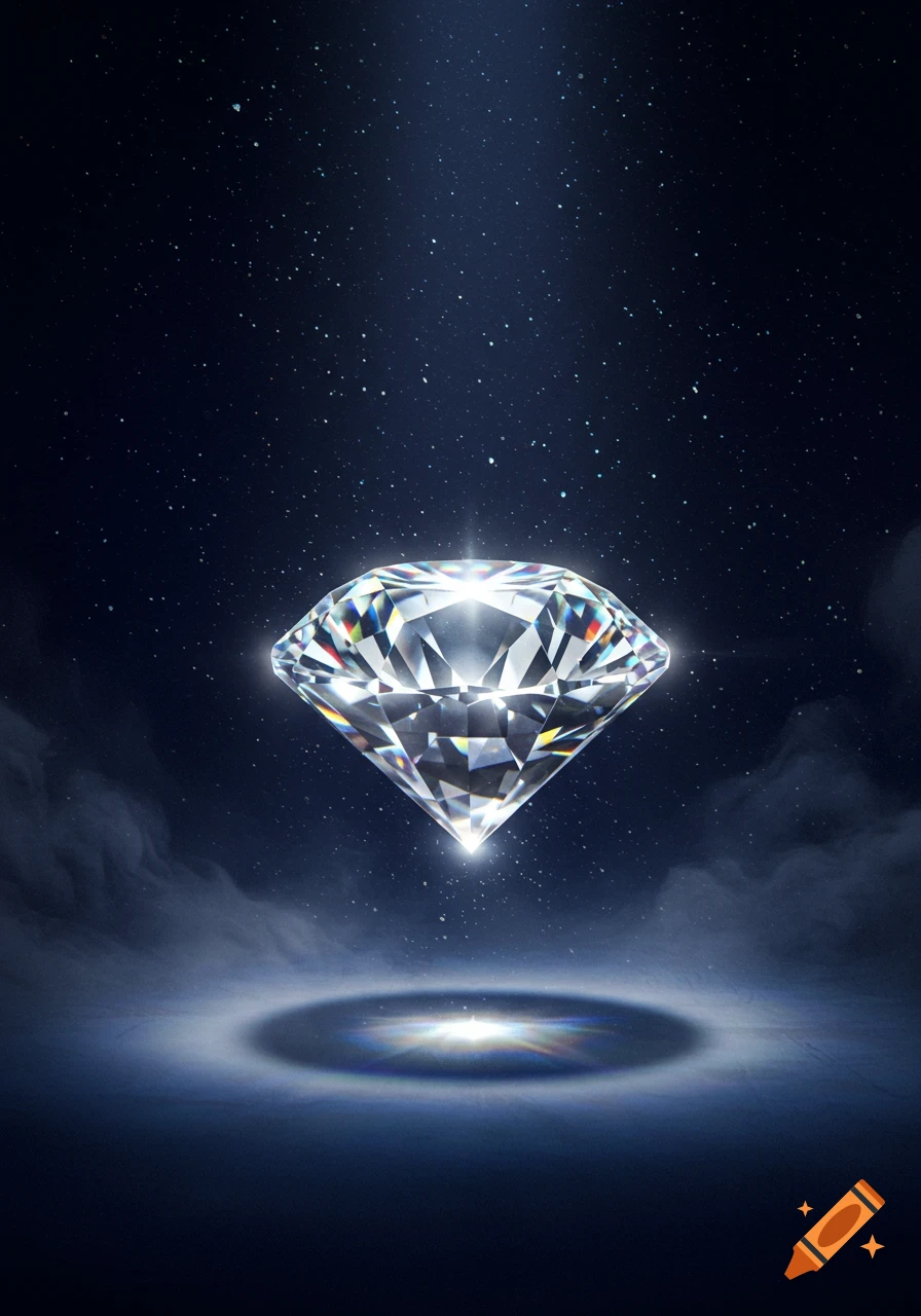A sparkling diamond floats in a dark, star-filled space above mist and a glowing light on the ground.