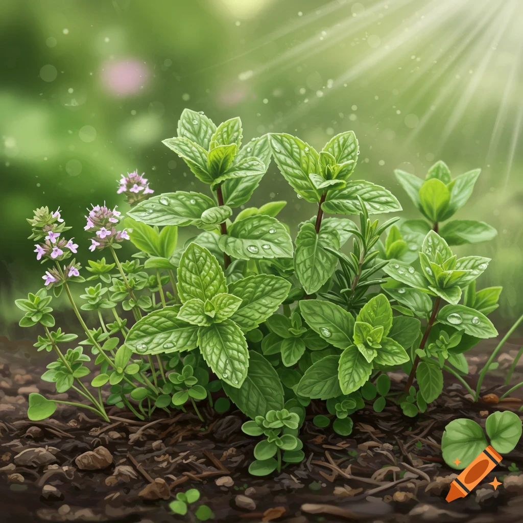 Lush green spring herbs, possibly mint and thyme, with water droplets, growing in rich soil under soft sunlight.