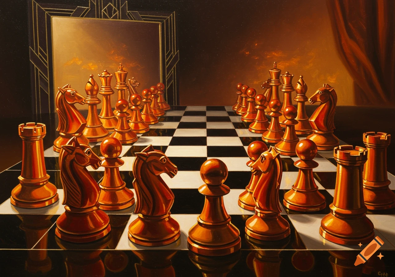 Art deco painting of a chess board with golden and red pieces, one side facing a reflective mirror.