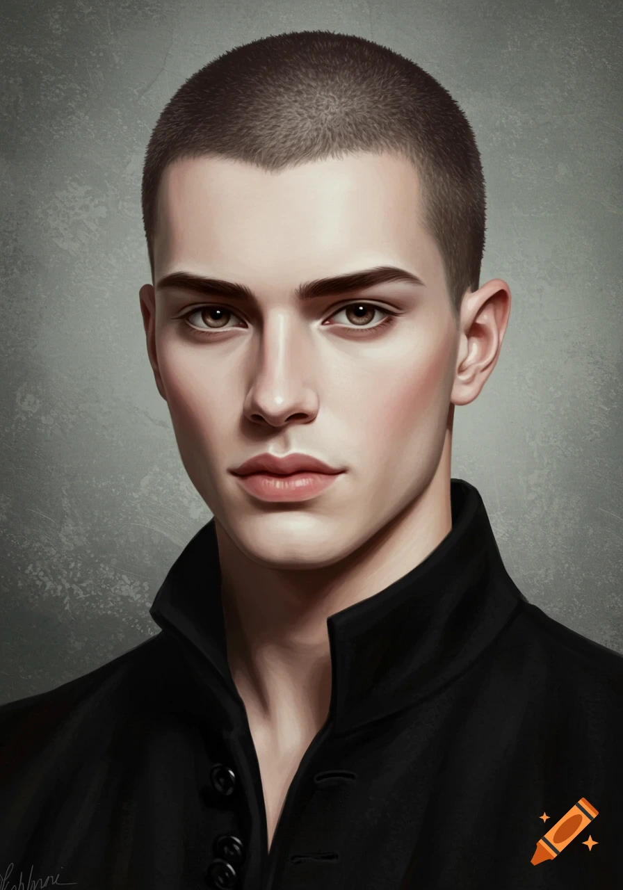 Digital art portrait of a young man with a buzz cut, pale skin, dark eyes, and handsome features, wearing a black collared shirt.
