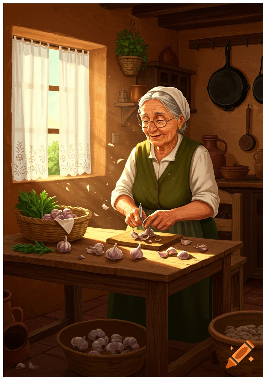 An illustrated old woman with glasses peels garlic on a wooden table in a sunlit, rustic kitchen.