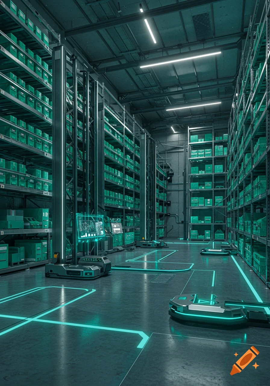 A futuristic, automated warehouse with tall shelves full of green boxes, glowing teal lines on the floor, and autonomous robots.
