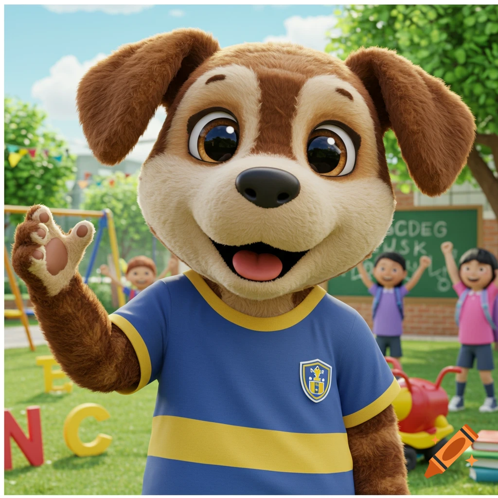A cute cartoon dog mascot waves in a school playground with children and a blackboard in the background.