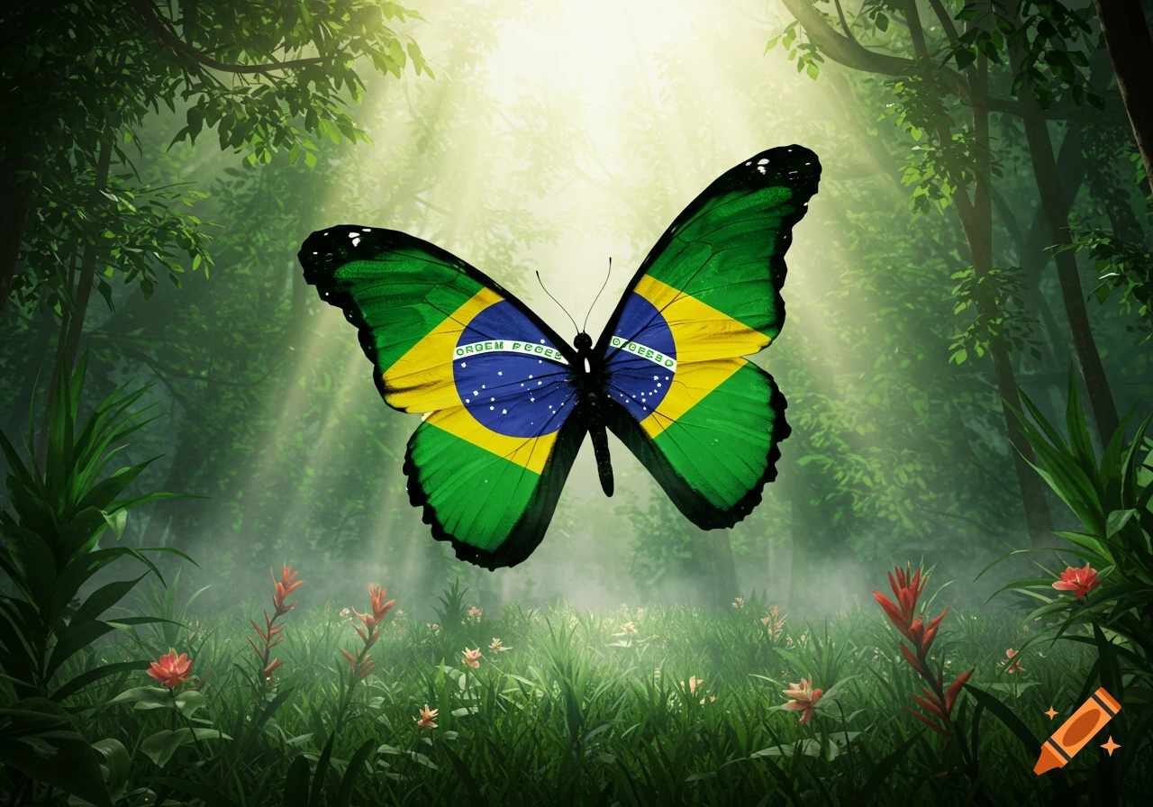 A butterfly with wings patterned like the green, yellow, and blue Brazilian flag flies in a sun-drenched green jungle.