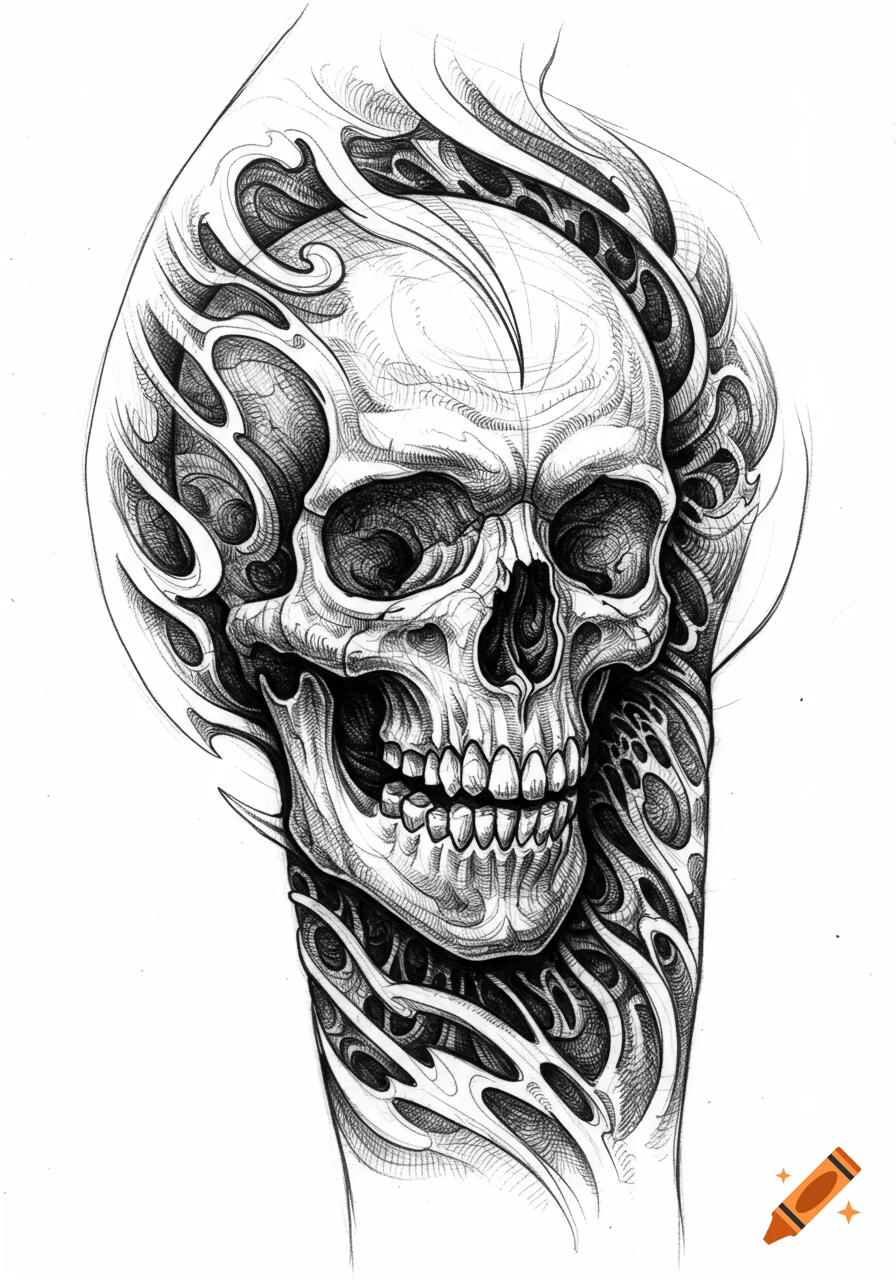 A detailed black and white sketch of a menacing skull adorned with swirling, tribal-like patterns, designed as a tattoo.