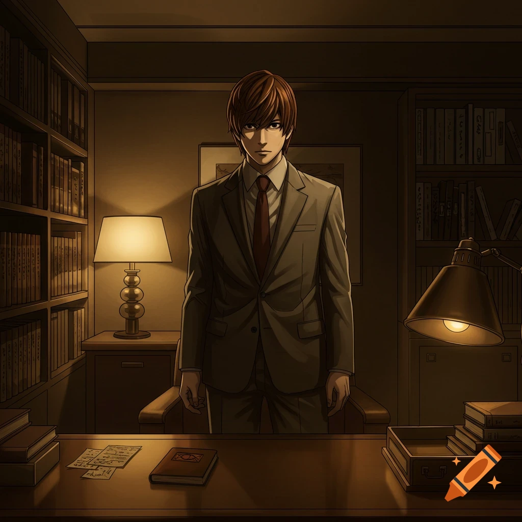 Light Yagami, an anime character, stands formally in a dimly lit office with bookshelves.