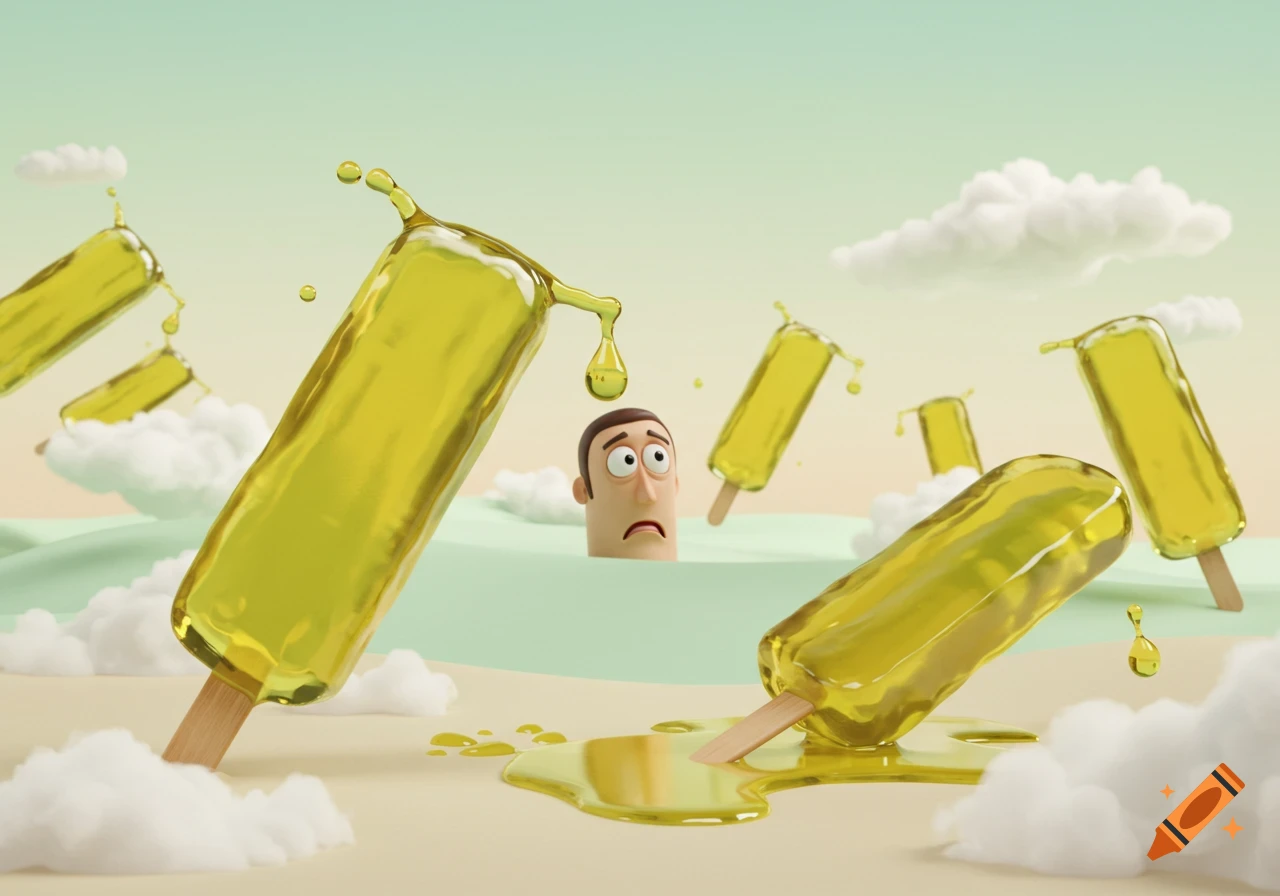 A cartoon man's head emerges from a pool of yellow liquid as many yellow popsicles fall and melt around him in a surreal landscape.