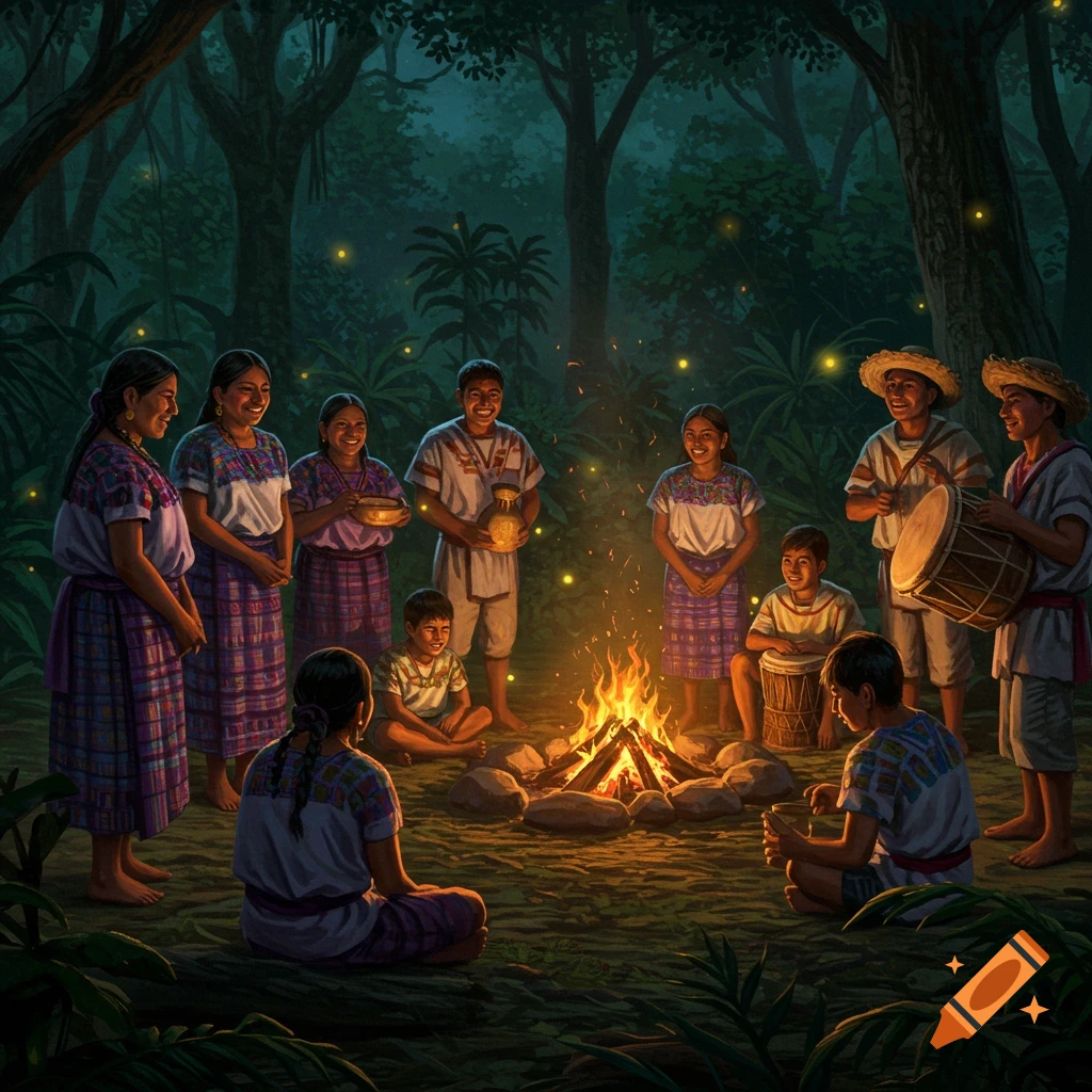 A Mayan family and children in traditional colorful clothing gather around a glowing campfire in a deep, dark rainforest at night, with fireflies twinkling around them in a realistic style.