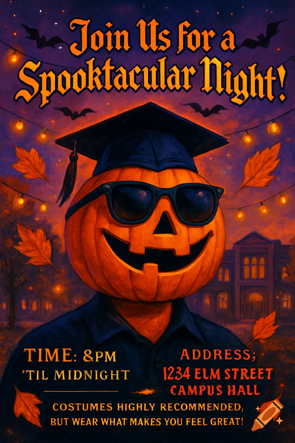 A Halloween invitation poster featuring a smiling pumpkin wearing sunglasses and a graduation cap against a night sky with bats and string lights. Event details are visible.