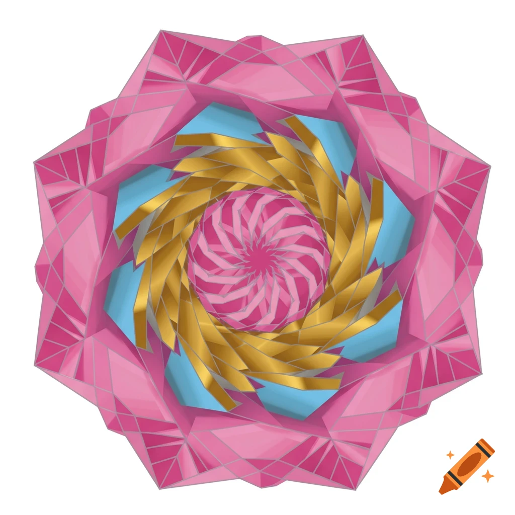 A vibrant pink, gold, and light blue psychedelic geometric mandala with a swirling, layered design.