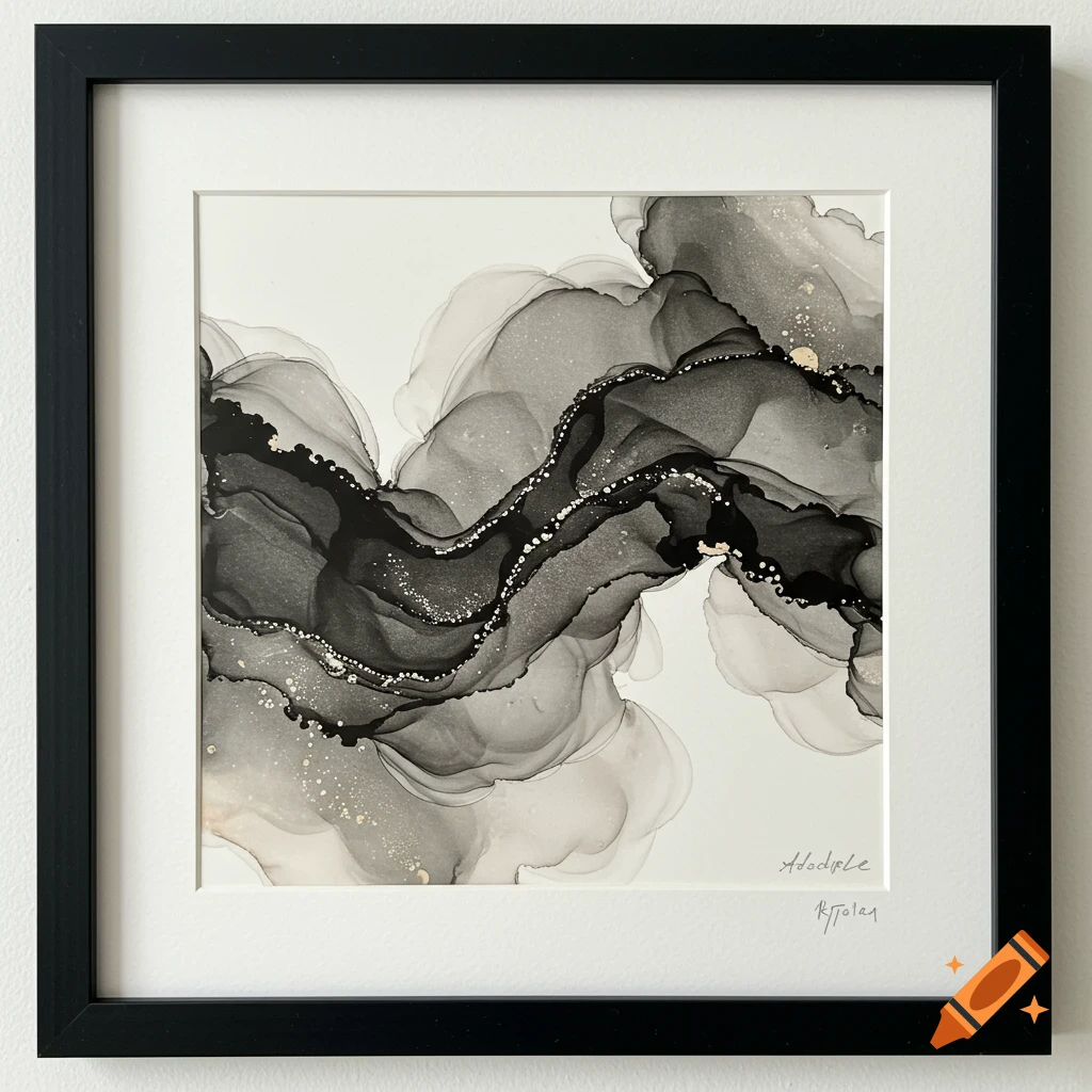 A framed abstract artwork with flowing black, gray, and white alcohol ink shapes accented with gold specks, on a white background.