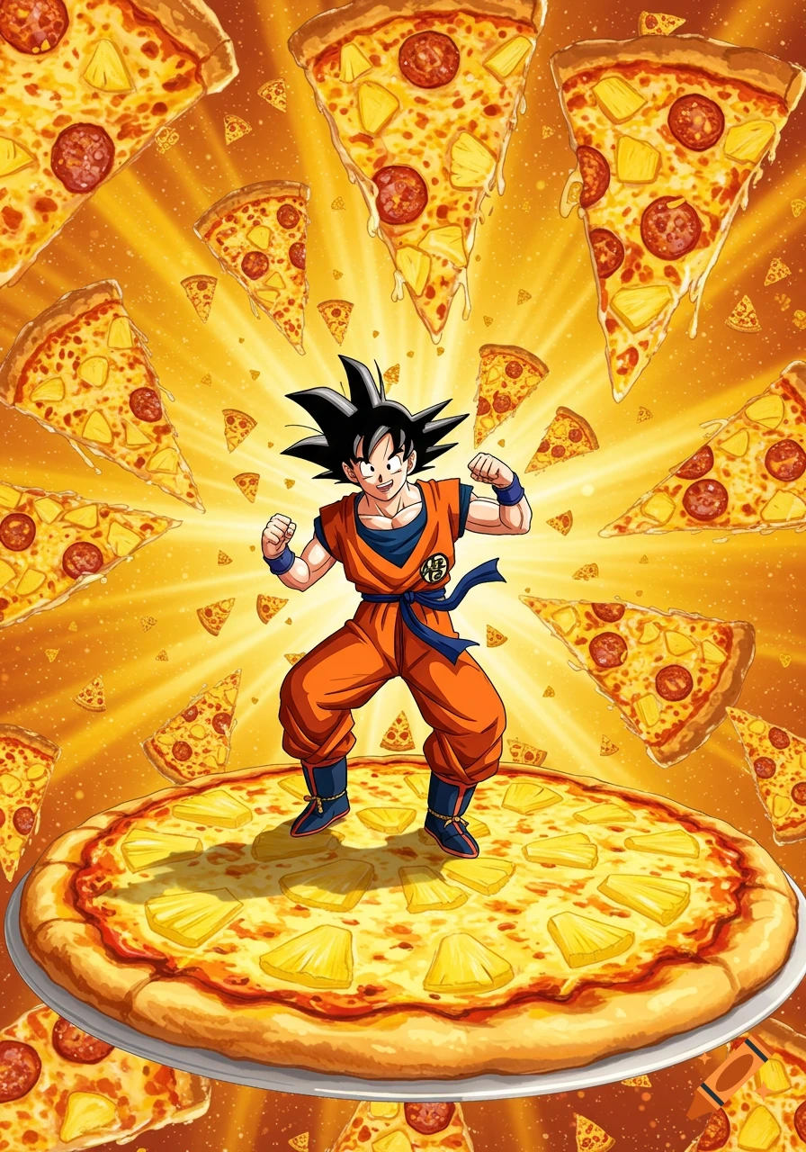Anime-style Goku stands heroically on a giant pineapple pizza, surrounded by flying pizza slices against a bright orange background.