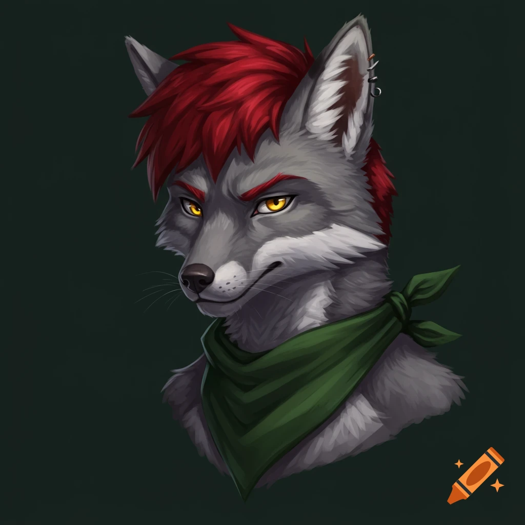 Digital art portrait of a male anthro fox with gray fur, red hair, yellow eyes, and a dark green bandana.