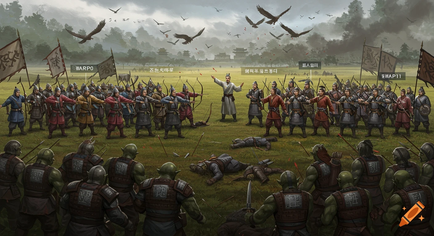 An illustration of an epic fantasy battle between two armies: ancient Chinese soldiers with bows and arrows face off against an army of green-skinned orcs on a grassy field, with birds flying overhead and distant castles.