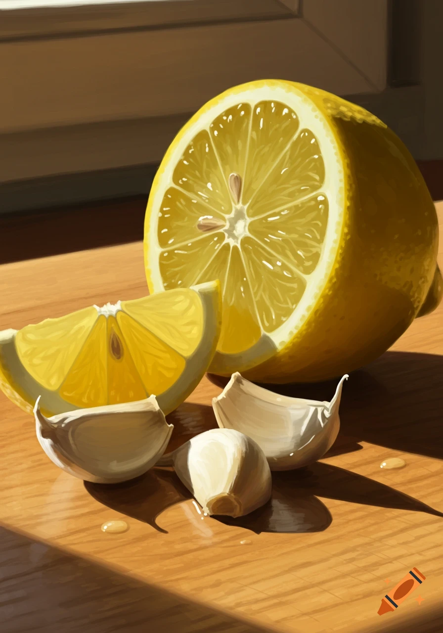 A digital painting shows a halved lemon, a lemon wedge, and three garlic cloves on a sunlit wooden table.