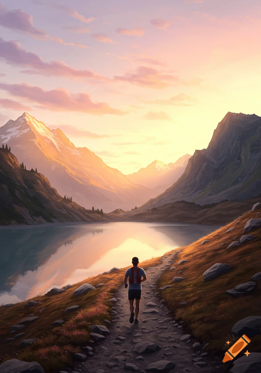 A lone runner on a rocky path by a tranquil lake at sunrise, surrounded by majestic mountains in a digital painting.
